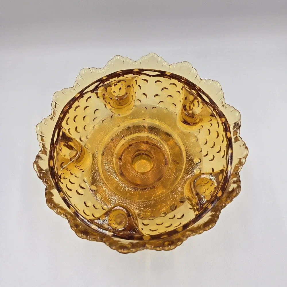 VTG Fenton Amber Hobnail Footed Glass Candle Holder Bowl Pat 3547569 MCM